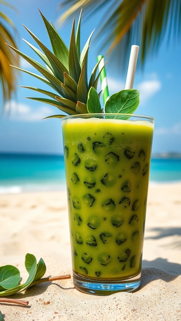 A refreshing Tropical Green Smoothie in a glass with a pineapple slice, set against a beach background.
