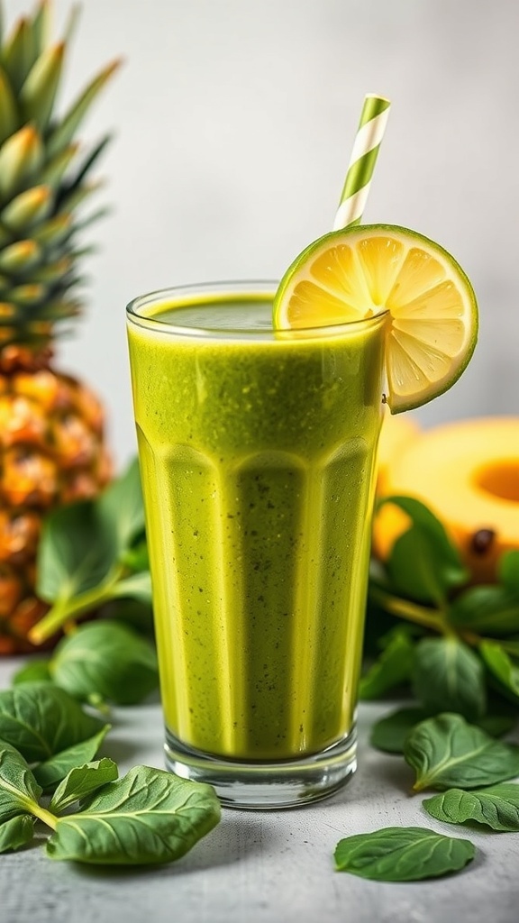 A tall glass of Tropical Green Smoothie with a slice of lime and a straw, surrounded by fresh spinach and pineapple.