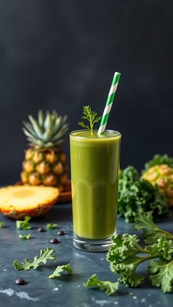 A vibrant green smoothie in a glass with a striped straw, surrounded by fresh pineapple and kale.