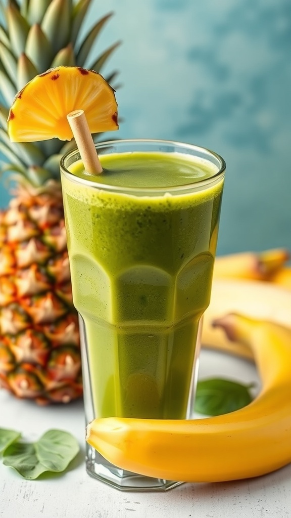 A refreshing Tropical Green Smoothie with spinach, banana, and pineapple, served in a tall glass with a straw.