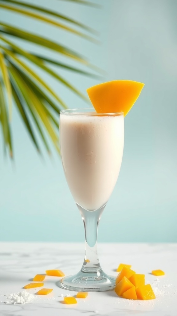 A glass of Tropical Mango Coconut Delight smoothie with a slice of mango on top and diced mango pieces around it.