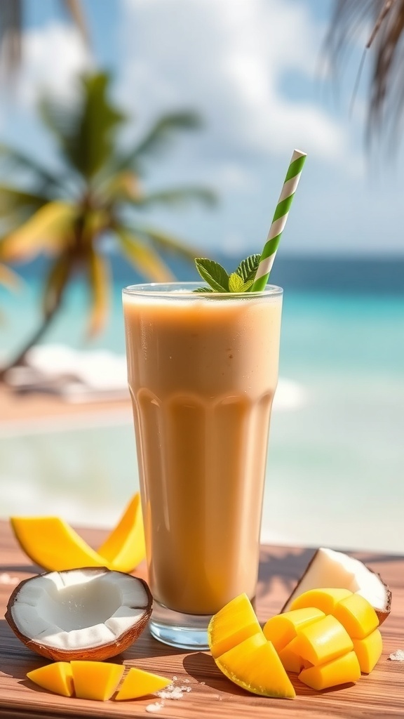 Tropical Mango Coconut Smoothie in a coconut shell with mango slices and mint