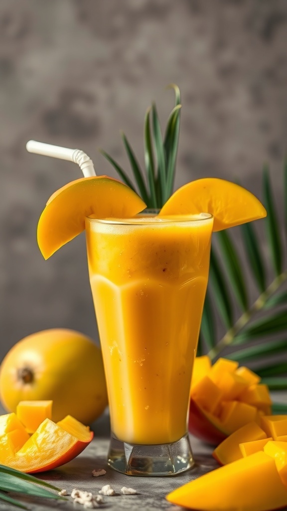 A refreshing mango smoothie in a tall glass, garnished with mango slices, surrounded by fresh mango pieces and green palm leaves.