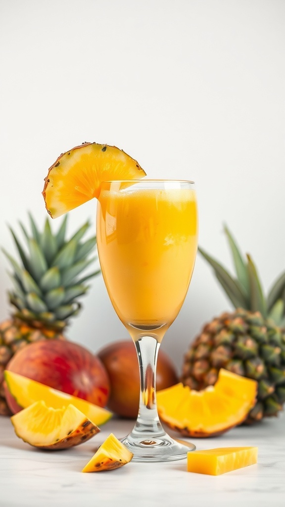 A glass of tropical mango pineapple smoothie garnished with a pineapple slice, surrounded by fresh pineapples and mangoes.