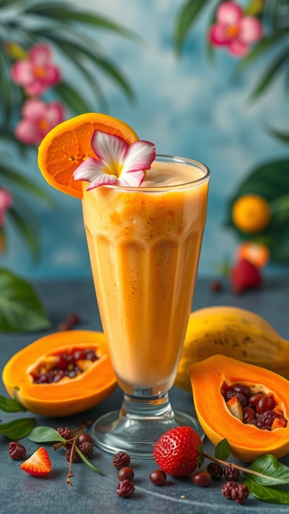 A refreshing tropical smoothie made with papaya, garnished with an orange slice and a flower, surrounded by fresh fruits.