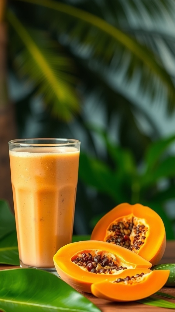 A glass of papaya smoothie next to sliced papaya on a wooden table with green leaves in the background.