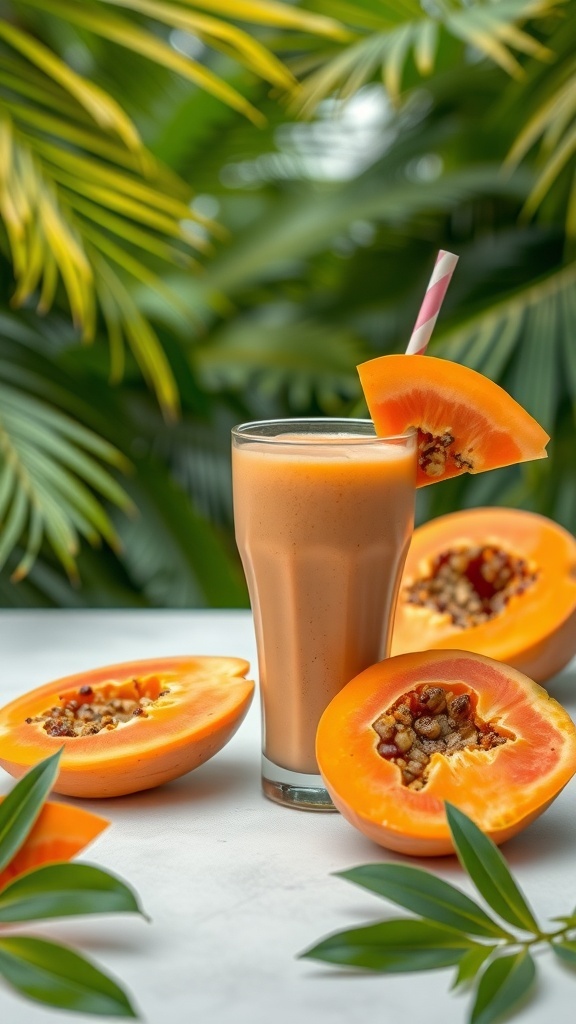 A refreshing Tropical Papaya Smoothie in a glass with a slice of papaya and halved papayas on a table.