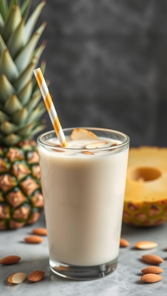 A glass of Tropical Pineapple and Almond Milk Smoothie with a striped straw, surrounded by almonds and a pineapple.