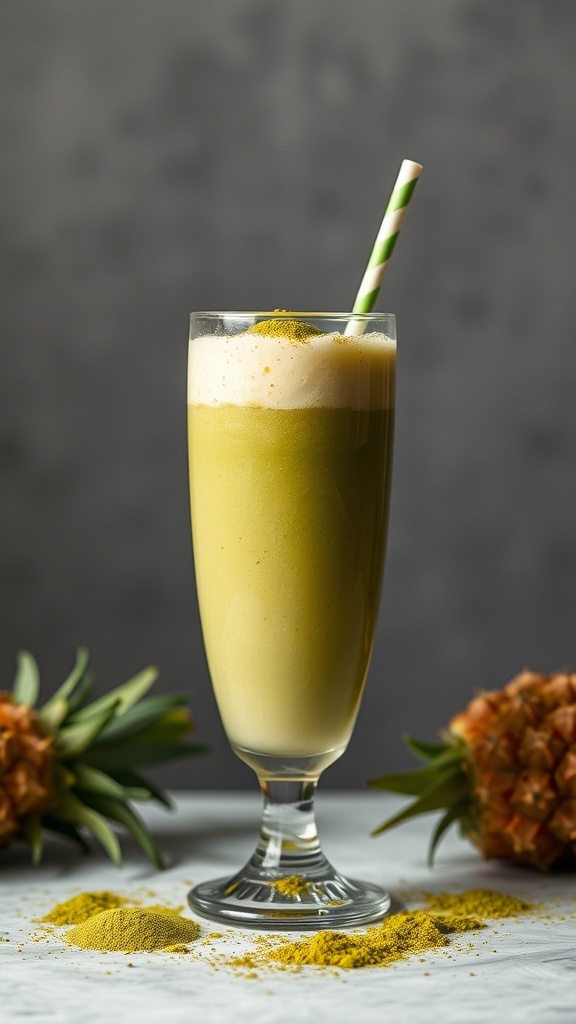 A tall glass of Tropical Pineapple Matcha Smoothie with a striped straw, surrounded by fresh pineapples and matcha powder.