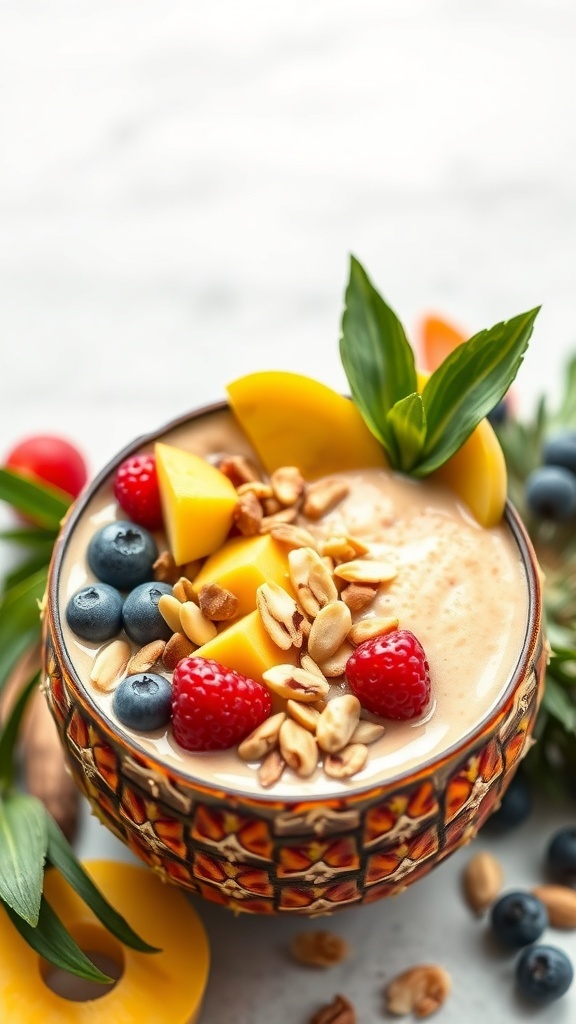 A colorful Tropical Pineapple Smoothie Bowl topped with fruits and nuts.