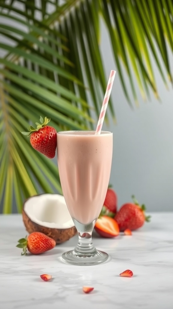 A refreshing strawberry coconut smoothie in a glass with a straw, surrounded by fresh strawberries and a coconut half.