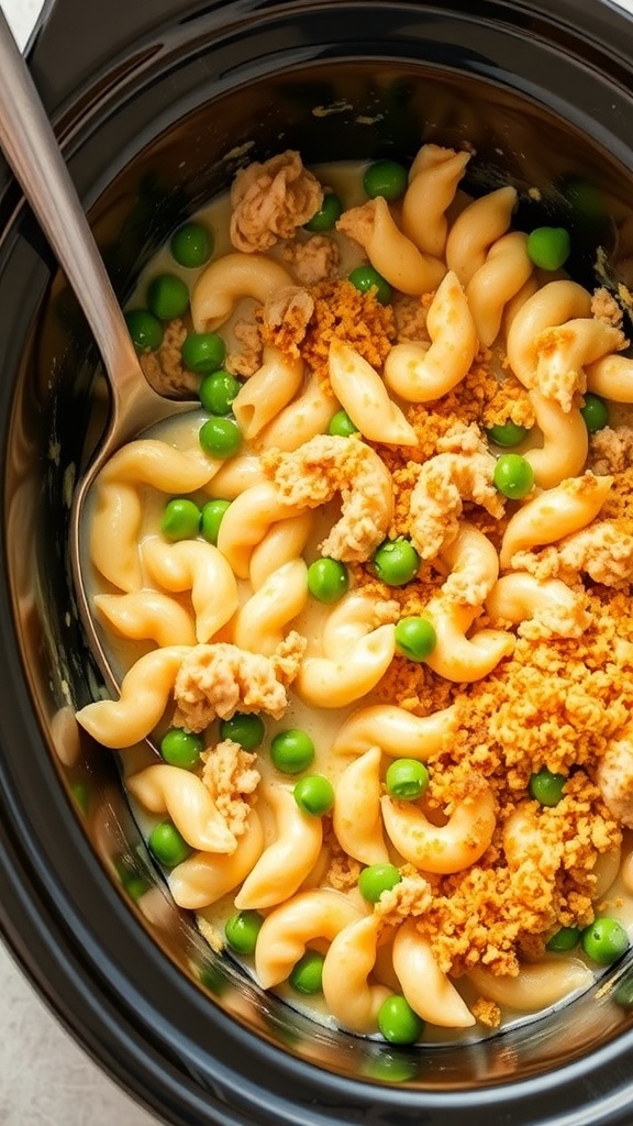 A crockpot filled with tuna casserole featuring pasta, peas, and a crunchy topping.