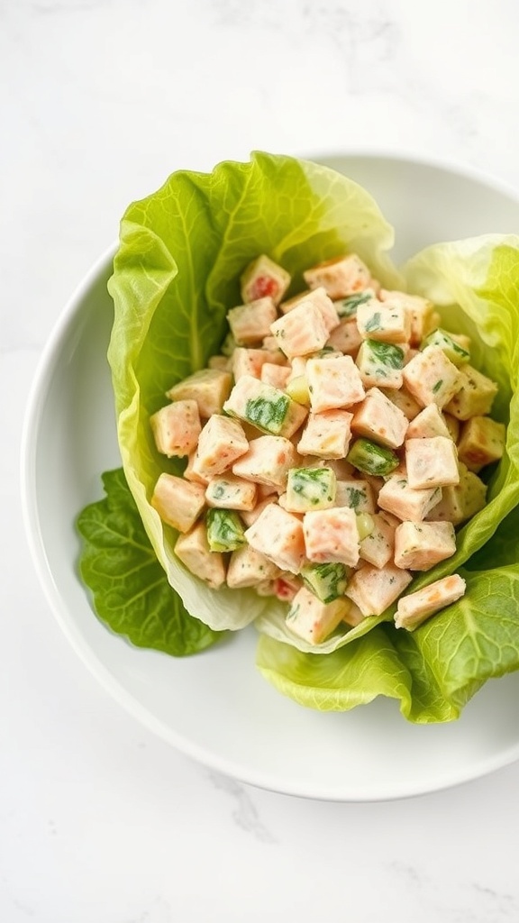 A bowl of tuna salad served in lettuce leaves, showcasing colorful diced vegetables.