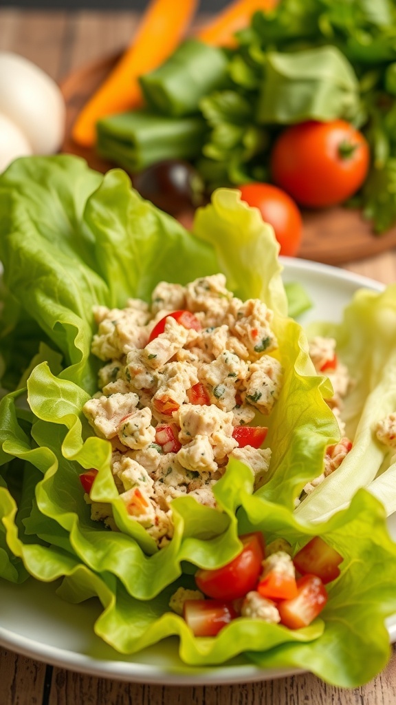 A plate of tuna salad lettuce wraps with diced tomatoes, fresh lettuce, and colorful vegetables in the background.