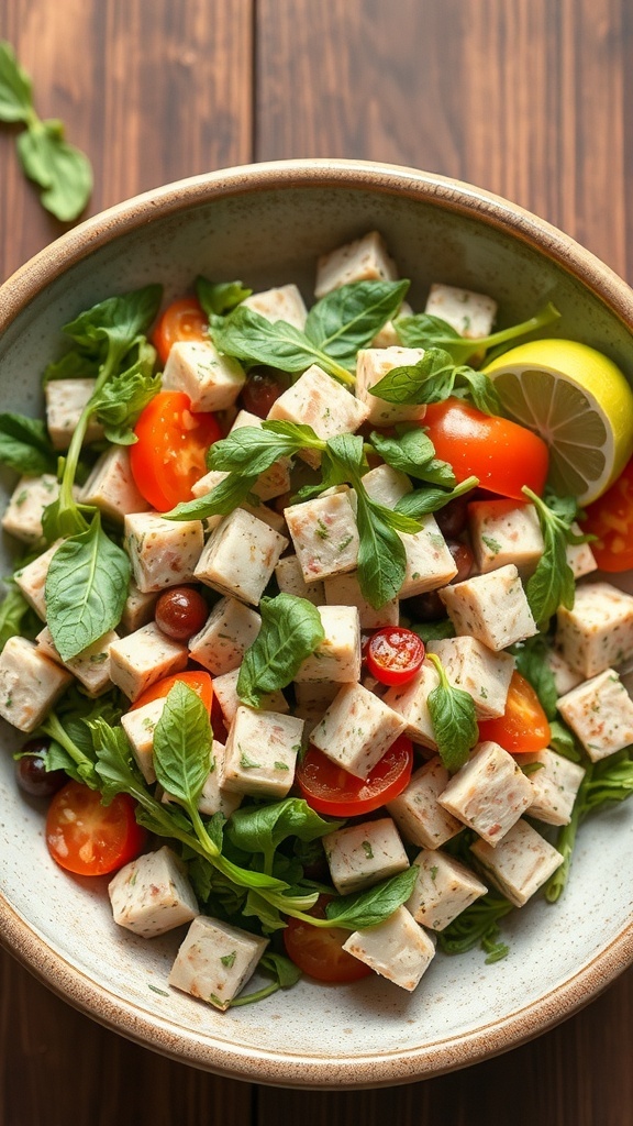 A bowl of tuna salad with greens, cherry tomatoes, and lemon slices.