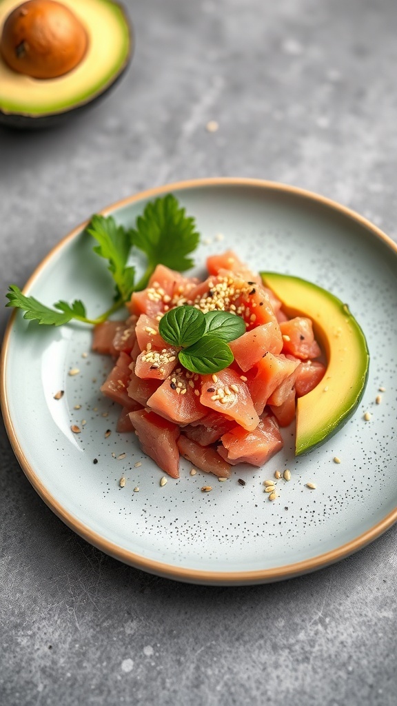 A plate of tuna tartare with avocado slices and garnished with herbs and sesame seeds.