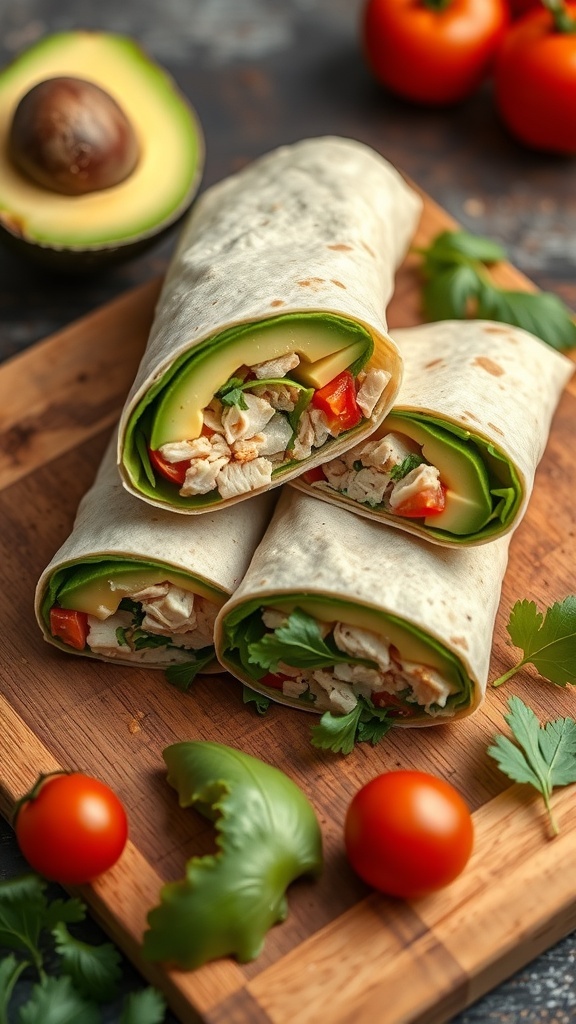 Turkey and avocado wrap with fresh ingredients on a wooden board