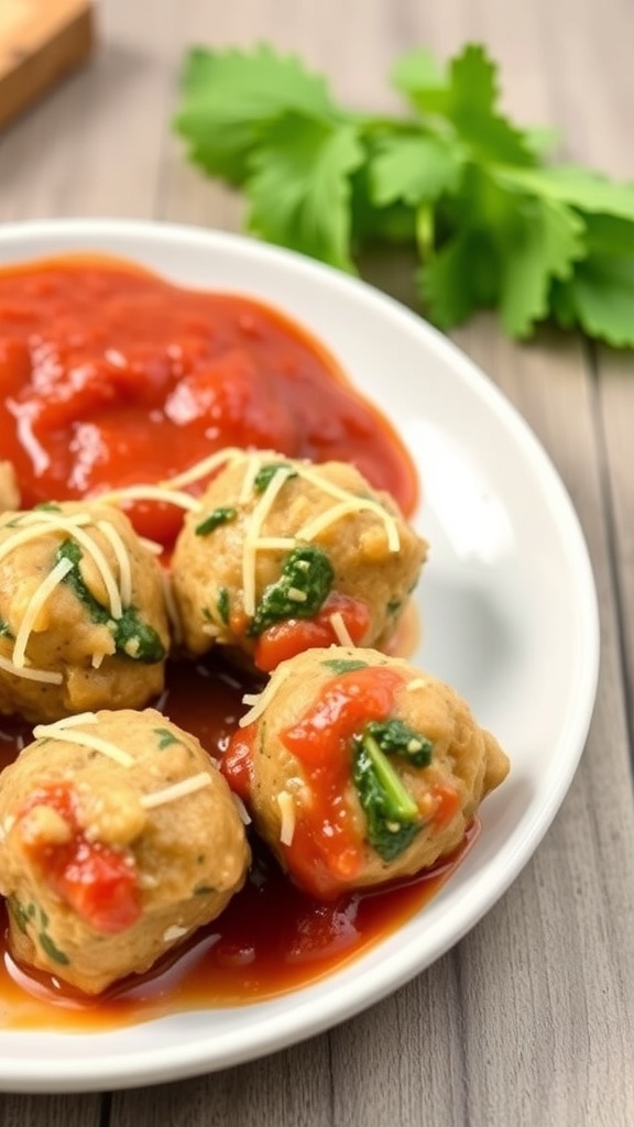 Plate of turkey and spinach meatballs with a side of marinara sauce