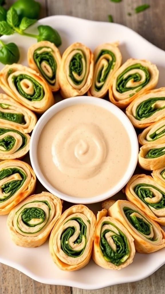 A platter of turkey and spinach pinwheels with a creamy dip in the center.