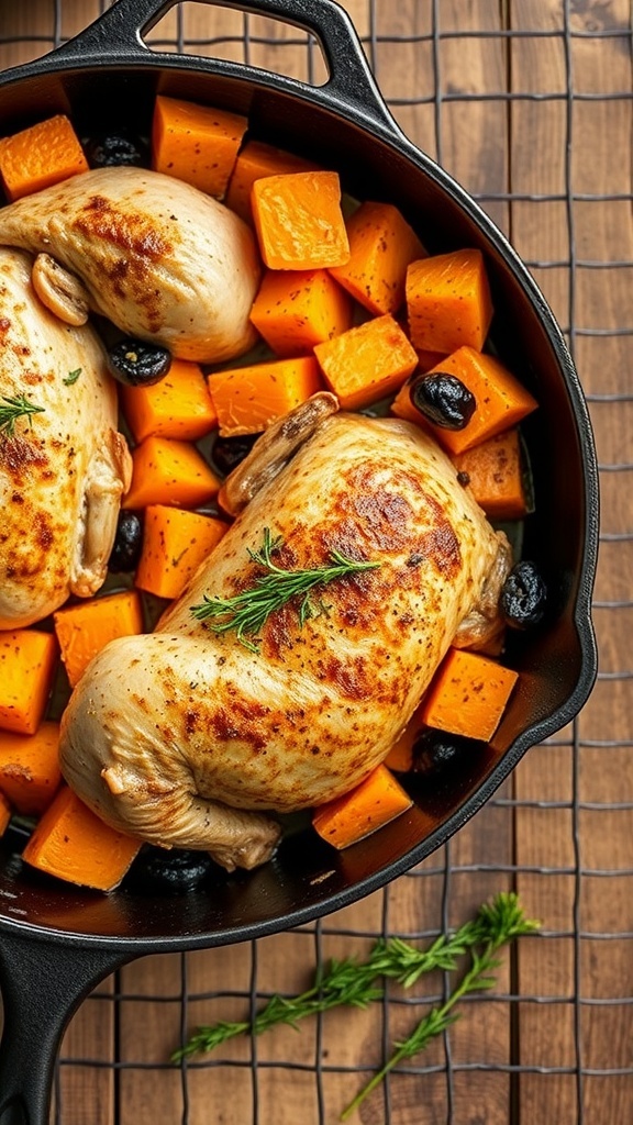 A skillet with cooked turkey and diced sweet potatoes, garnished with parsley.