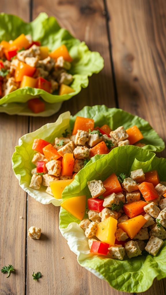 Turkey and vegetable lettuce wraps filled with colorful diced vegetables and turkey