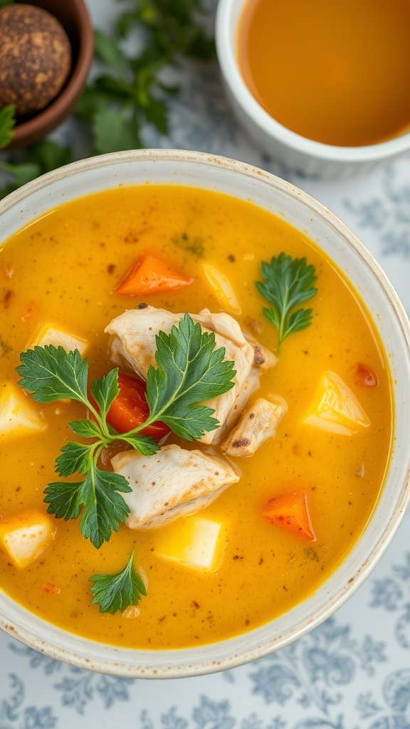 A bowl of turmeric chicken soup with chicken pieces, bell peppers, and fresh herbs on top.