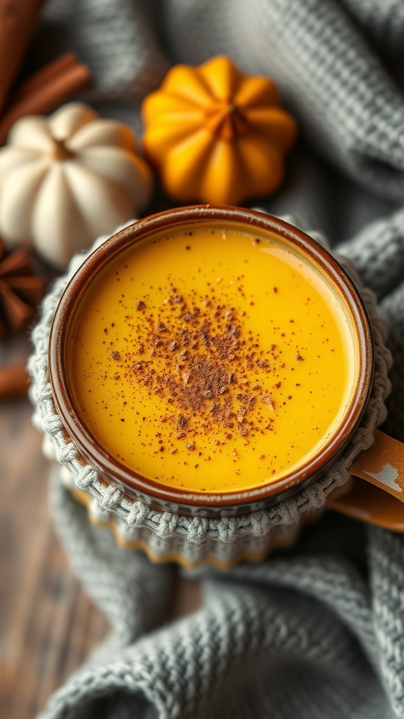 A warm turmeric latte in a cozy mug, topped with cinnamon, surrounded by decorative pumpkins and a soft gray blanket.