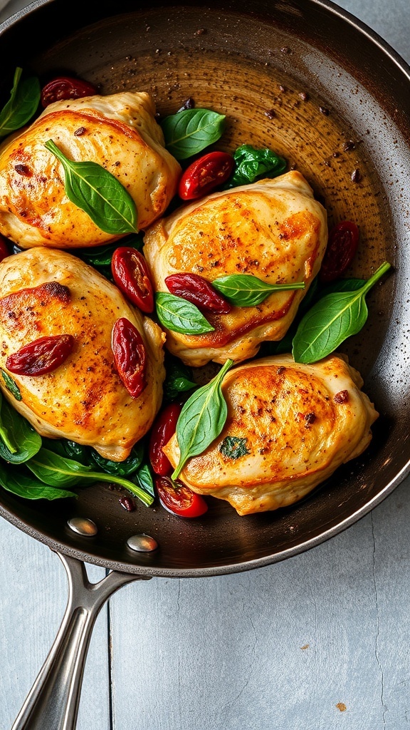 Tuscan Chicken Thighs with spinach and sun-dried tomatoes in a skillet