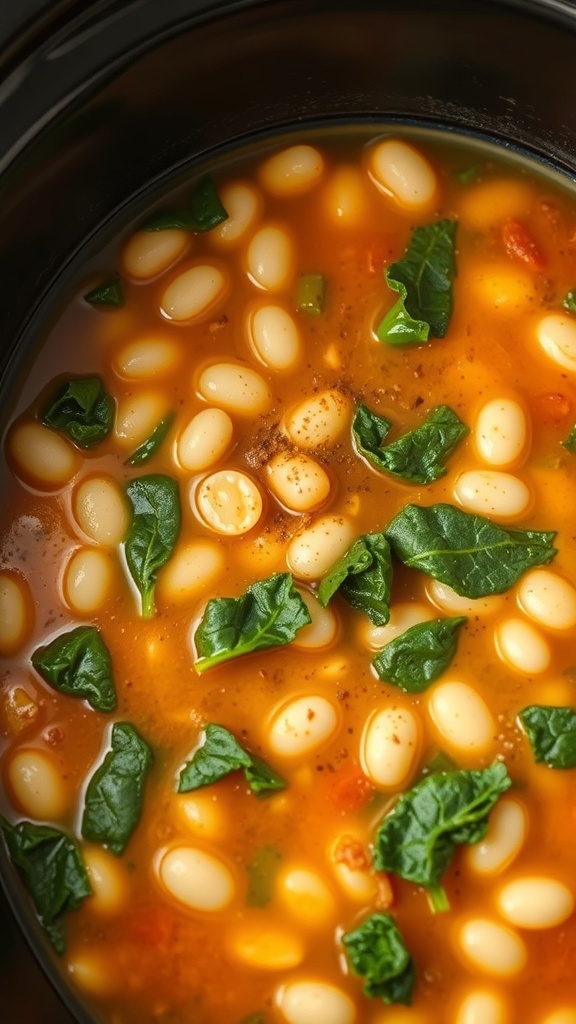 A close-up view of Tuscan White Bean Soup in a crock pot, featuring white beans, spinach, and a rich broth.