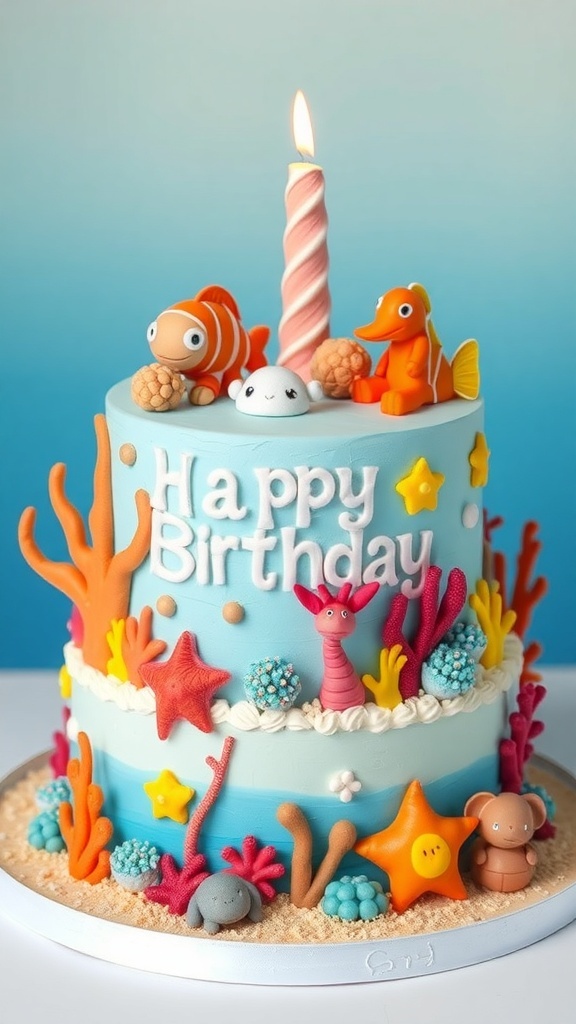 A colorful Under the Sea birthday cake with fondant sea creatures and coral decorations.