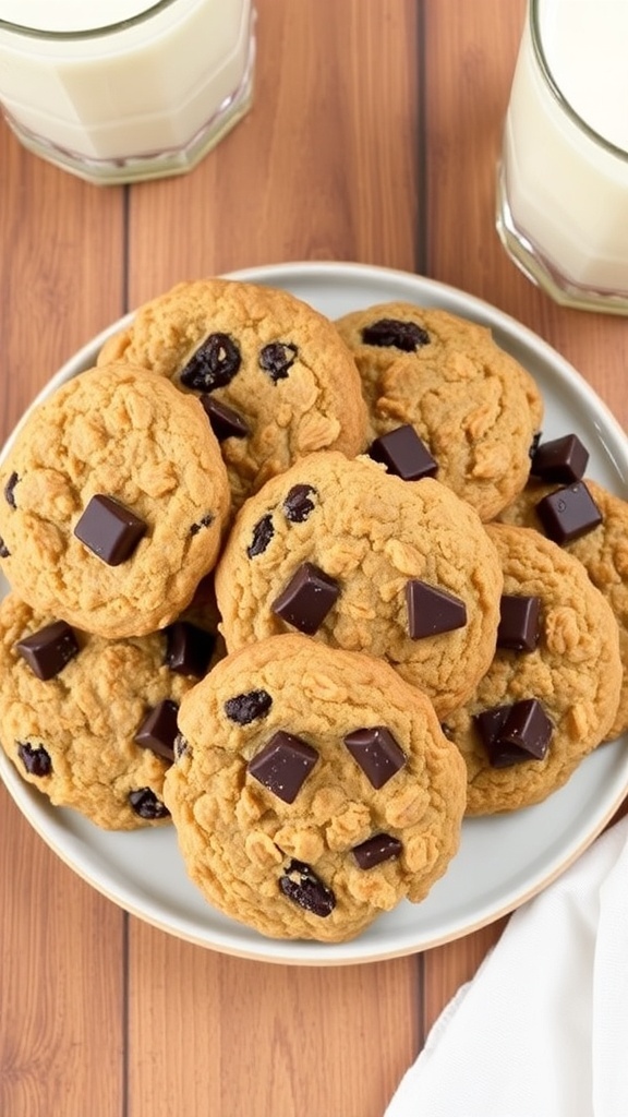 A plate of oatmeal raisin cookies with dark chocolate and coconut, served with a glass of milk.