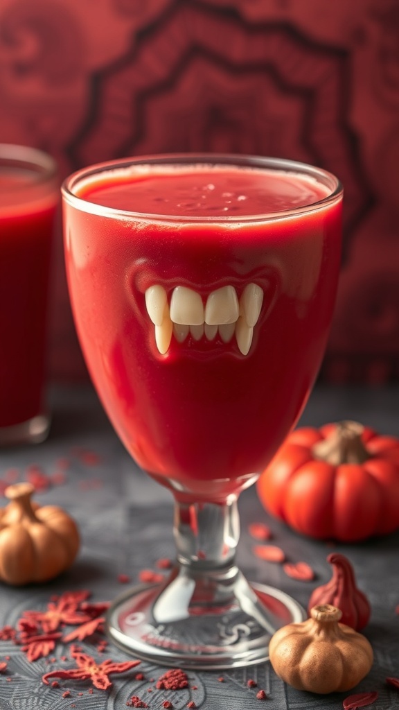 A spooky Vampire Blood Smoothie with fake vampire teeth, surrounded by pumpkins and decorative elements.