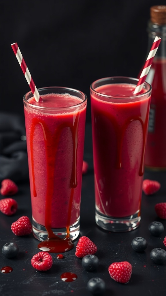 Two tall glasses of red smoothies with striped straws, surrounded by fresh raspberries.