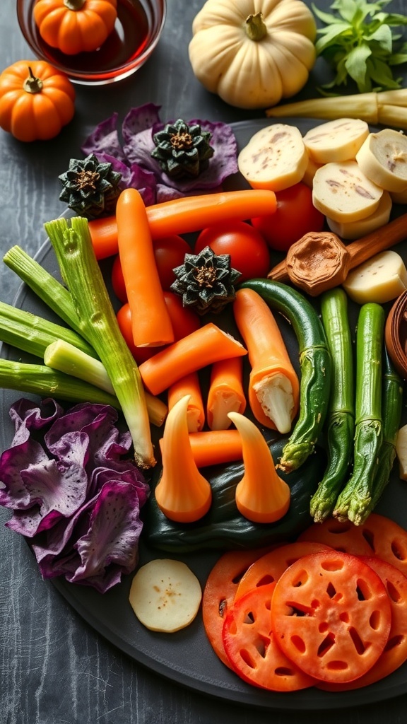 A Halloween-themed charcuterie board featuring various vegetables arranged to resemble vampire fangs and creepy fingers.