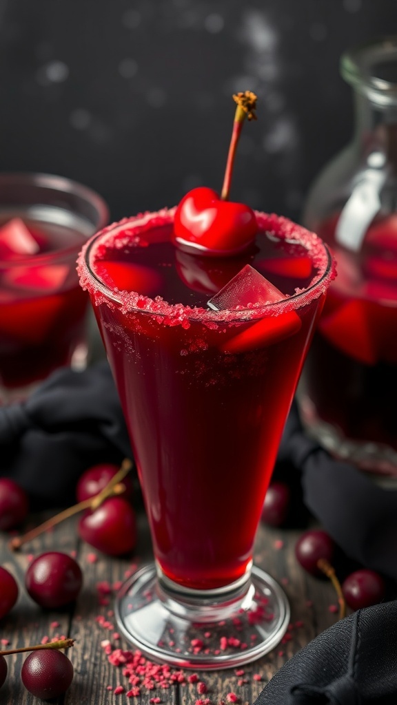 A vibrant red mocktail garnished with a cherry, surrounded by cherries and a black cloth.