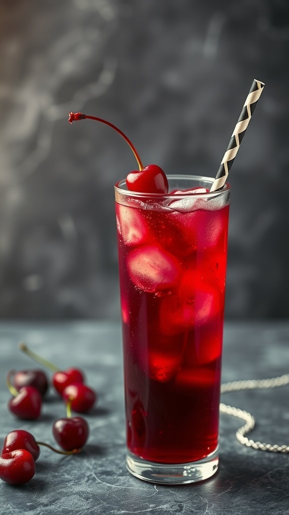 A tall glass of Vampire's Kiss Cherry Soda with ice, a cherry on top, and a striped straw, surrounded by fresh cherries.