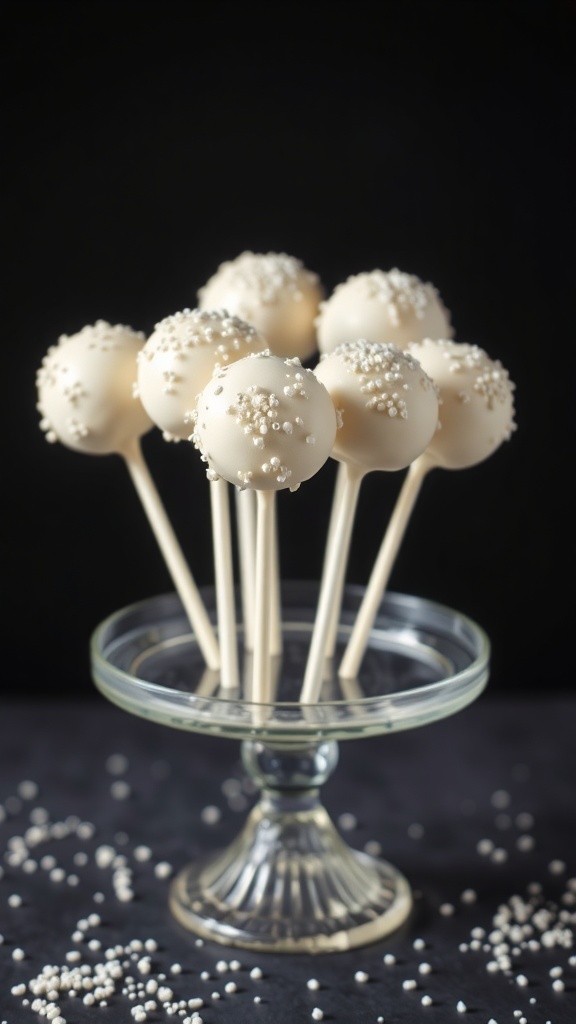 A display of vanilla bean cake pops decorated with edible pearls on a glass stand.