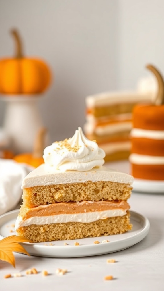 A slice of Vanilla Bean Cake with Pumpkin Cream, garnished with whipped cream and crushed cookies, with a festive backdrop of pumpkins.
