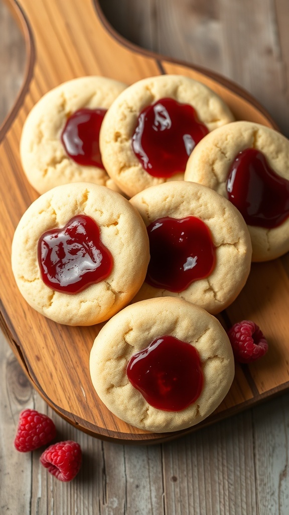 Vanilla bean cookies topped with raspberry jam on a wooden board.