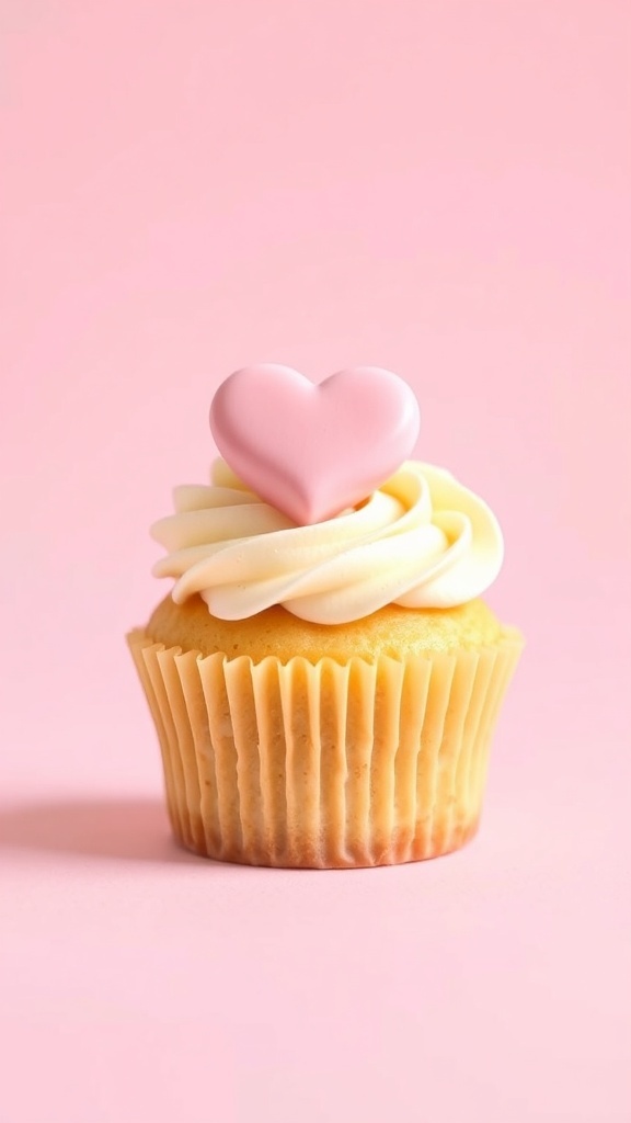 Vanilla bean cupcake with pink heart decoration on top