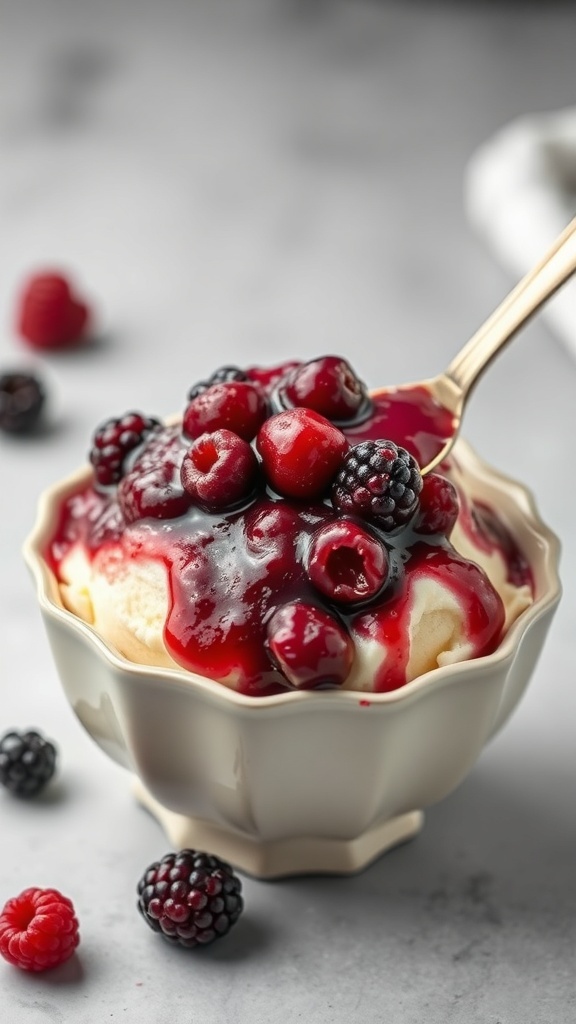 A bowl of vanilla bean ice cream topped with berry compote and fresh berries.