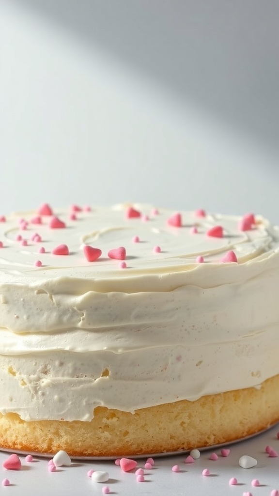 A beautifully decorated Vanilla Bean Love Cake with pink heart sprinkles on top.