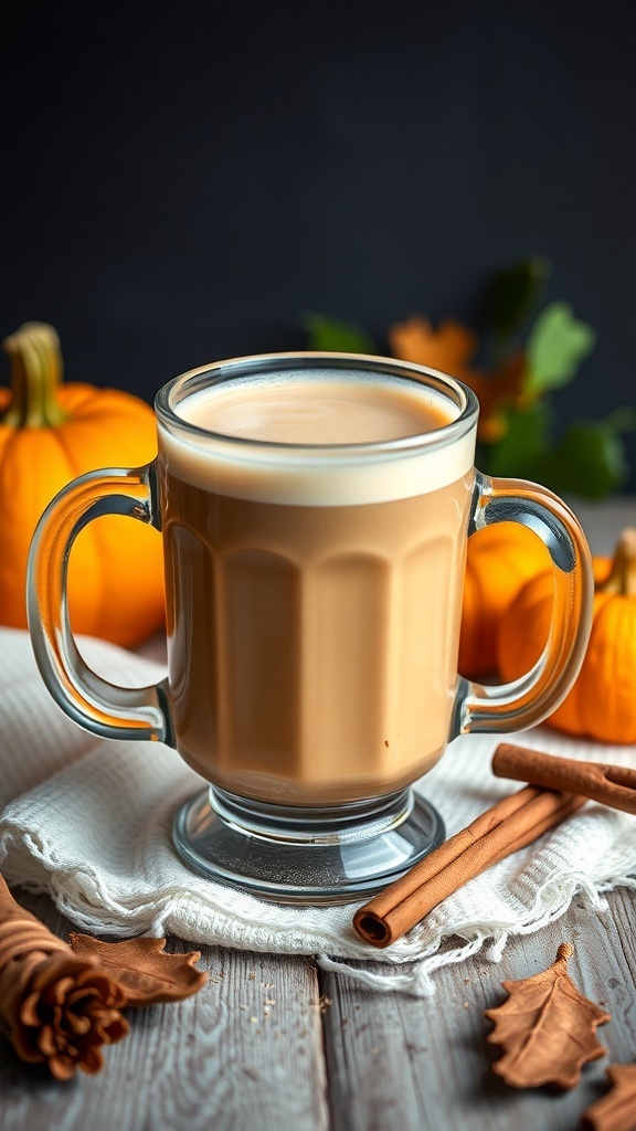 A glass of Vanilla Bean Pumpkin Brew surrounded by pumpkins and cinnamon sticks.
