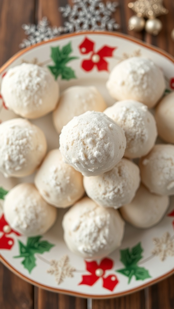 A plate of Vanilla Bean Snowball Cookies decorated for Christmas