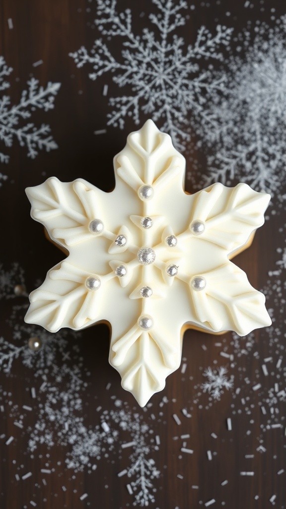 A beautifully decorated vanilla bean snowflake cake with icing and decorative pearls.