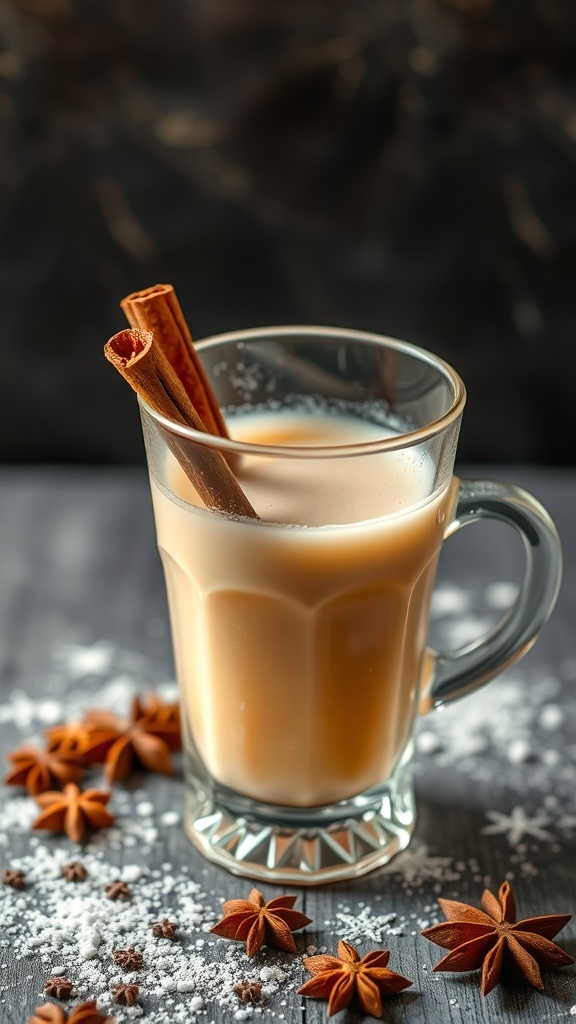 A warm Vanilla Chai Mocktail in a glass, garnished with cinnamon sticks and star anise, surrounded by spices.