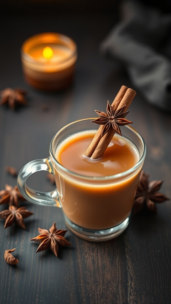 A cup of vanilla chai tea garnished with a cinnamon stick and star anise, surrounded by spices.