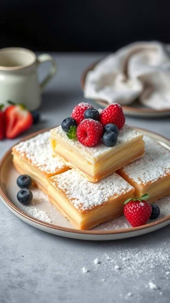 Vanilla custard puff pastry squares topped with fresh berries and powdered sugar