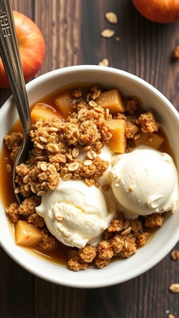 A bowl of vegan apple crisp topped with ice cream, featuring apple slices and a crunchy oat topping.