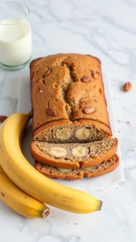 A loaf of vegan banana bread sliced to show bananas inside, with bananas and a glass of almond milk beside it.